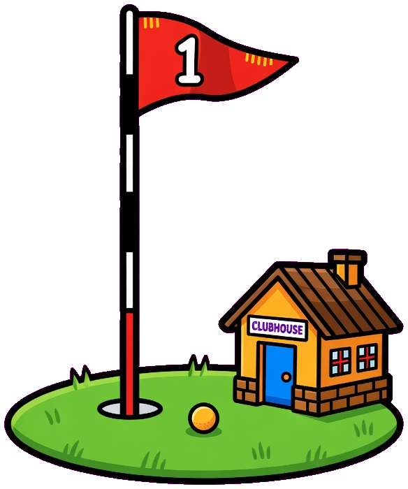 PuttTap clubhouse artwork: flagstick, golf ball, and clubhouse